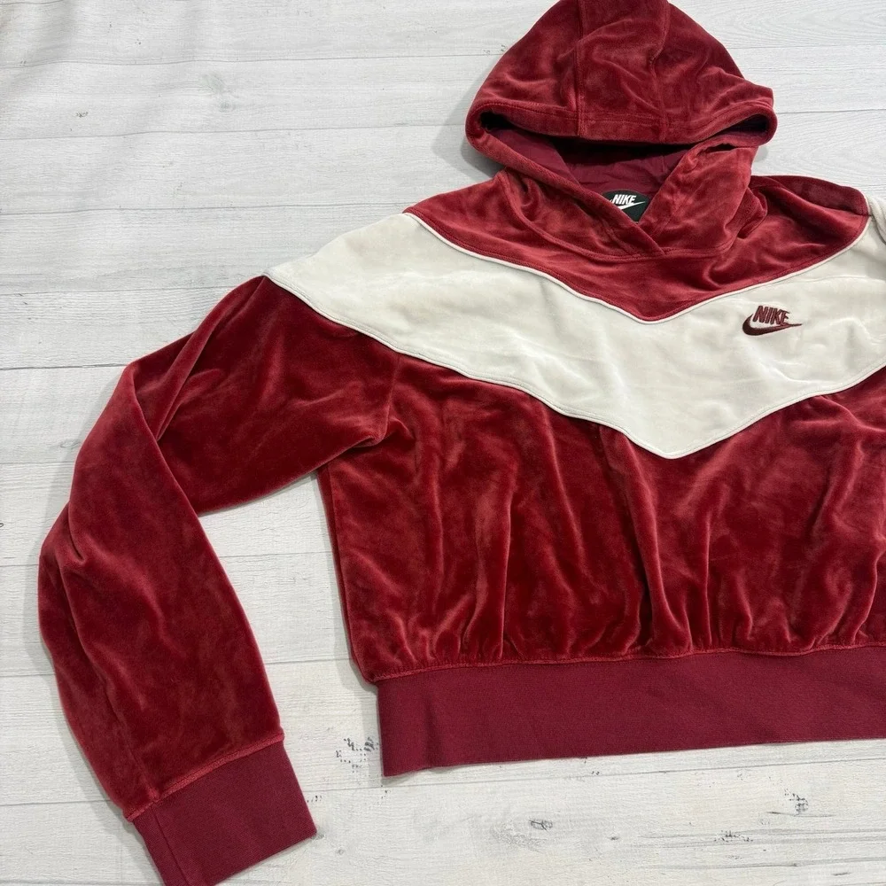 Nike Heritage Velour Hoodie burgundy red cropped women's‎ large